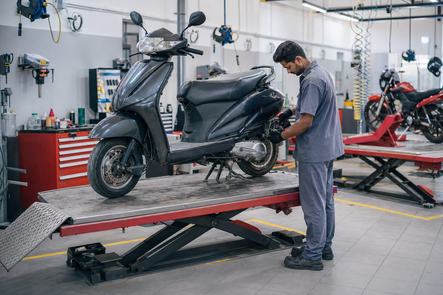 Technician inspecting a scooter in a two-wheeler service workshop
