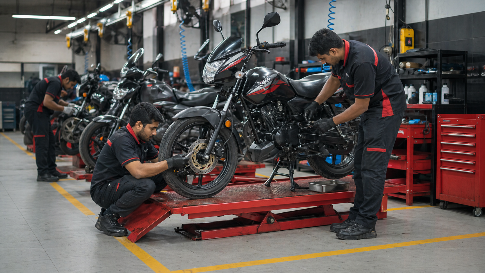 Mechanics working on motorcycles inside a two-wheeler service bay