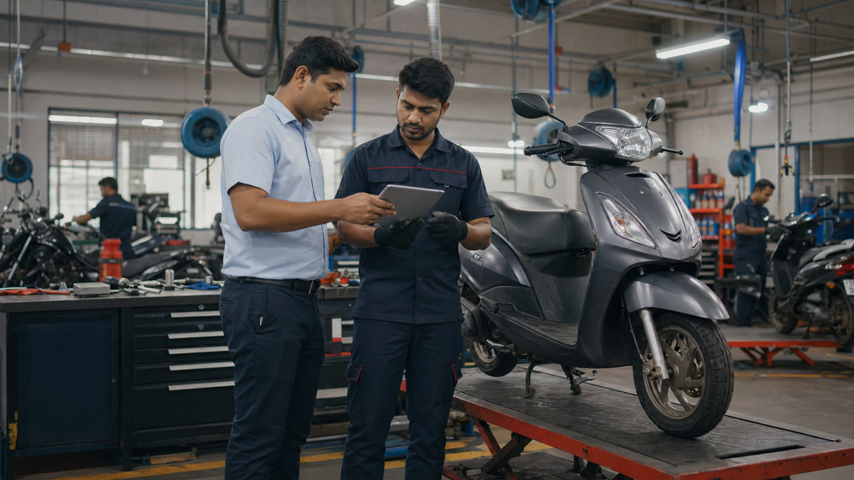 Service advisor and technician reviewing scooter service work